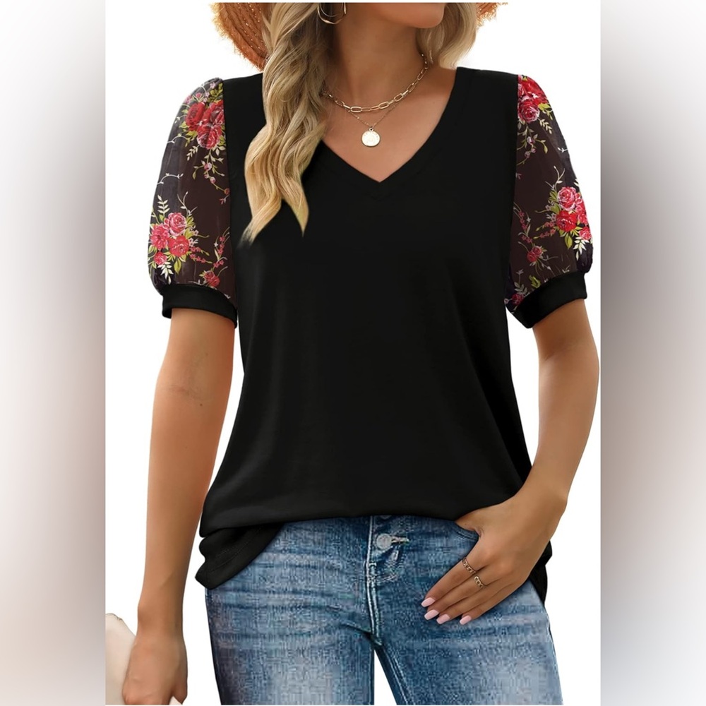 Floral Womens Summer Tops V Neck T Shirts Swiss Dot Puff Sleeve Tops Casual